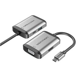Conversor Vention TFAHB/ 1xUSB/ 1xHDMI/ 1xVGA/ 1xUSB Tipo-C PD/ 15cm/ Gris