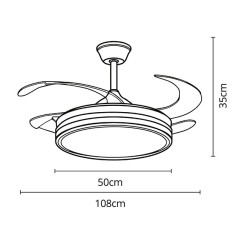 Ventilador DC COCON blanco, 4 aspas retráctiles, 72W LED 3000|4000|6000K, Al.35xD.108/50cm