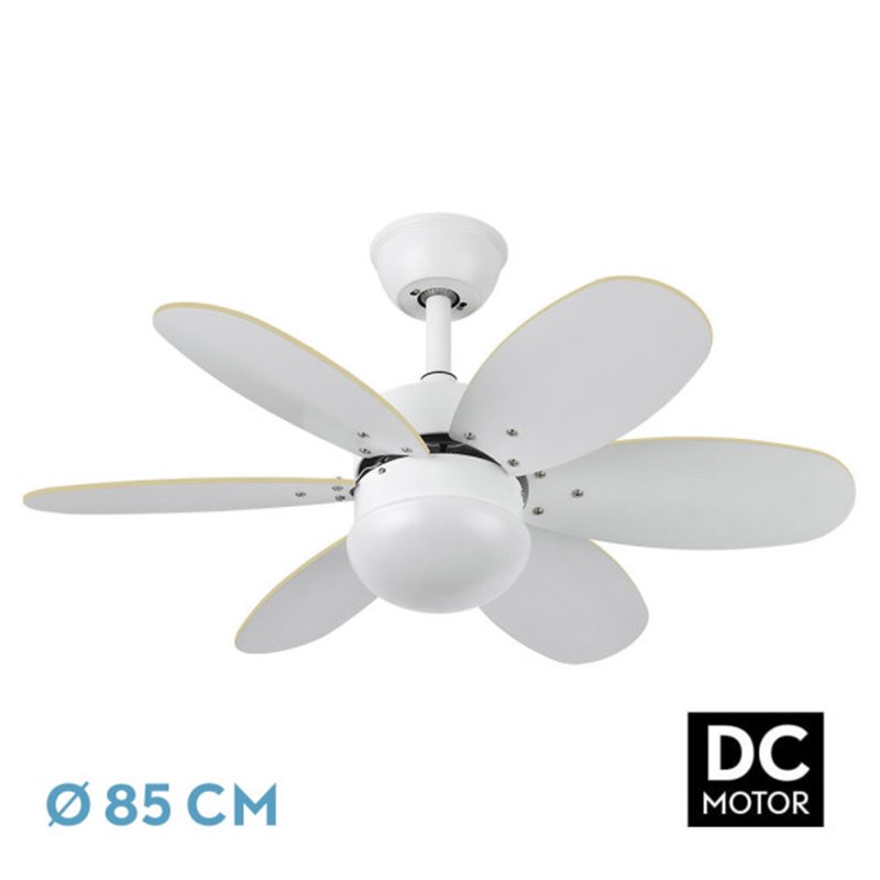 Ventilador Dc Alves 2xe27 Blanco Con 6 Aspas Rev. Blanco/haya 41x85d  C/ Remoto Y Temporizador