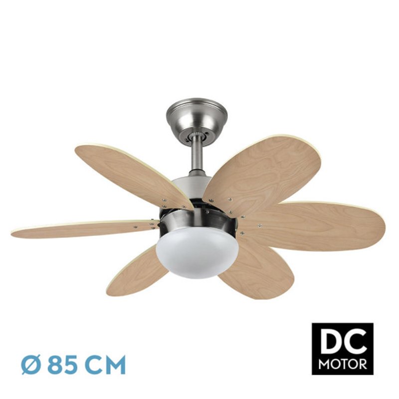 Ventilador Dc Alves 2xe27 Niquel 6 Aspas Rev. Haya/plata 41x85d C/ Remoto Y Temporizador