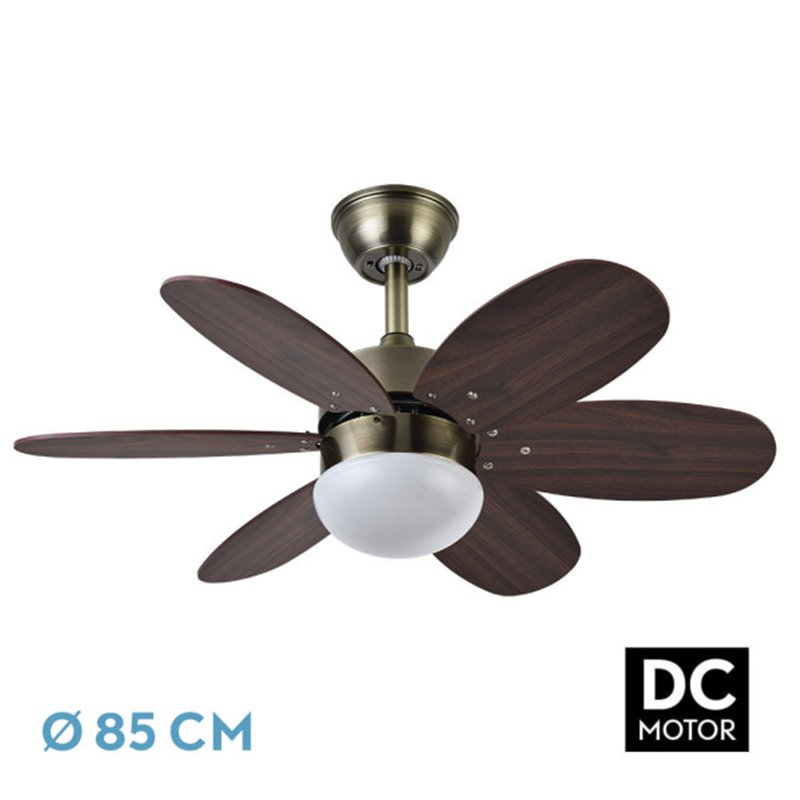 Ventilador Dc Alves 2xe27 Cuero 6 Aspas Rev. Cerezo/nogal 41x85d  C/ Remoto Y Temporizador