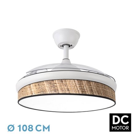 Ventilador Dc Moda 72w Blanco/cañizo Oscuro 108d 3aspas 7200lm 3000k,4000k,6000k Remoto+memoria+temporizador