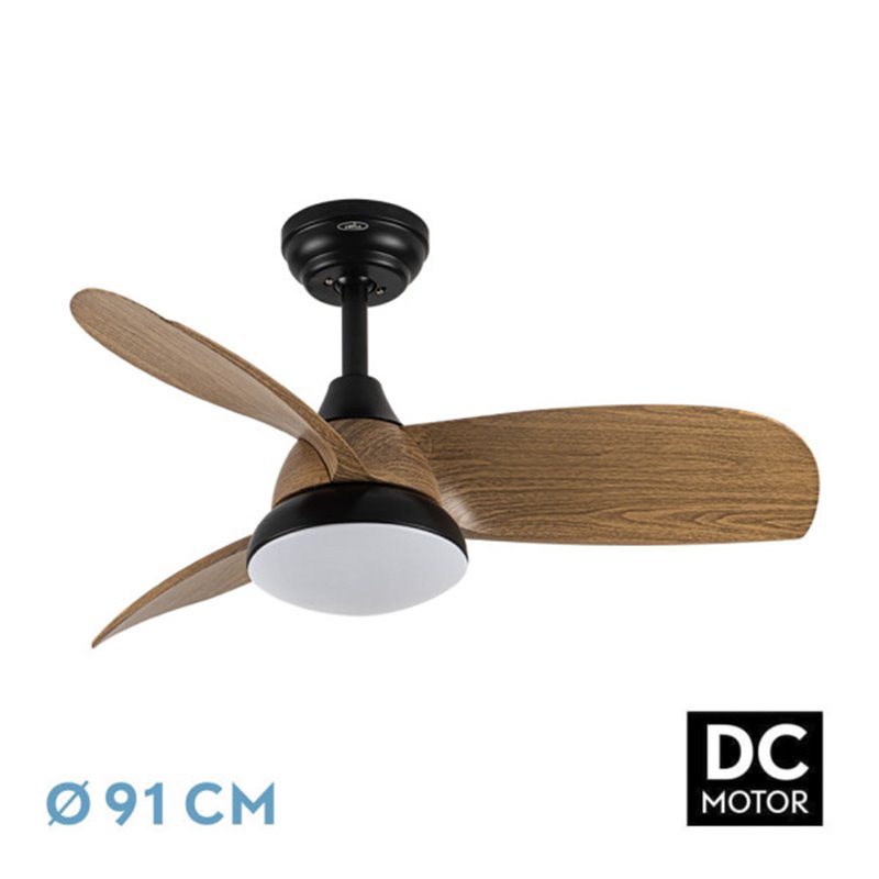 Ventilador Dc Atomo 24w Negro 3aspas Madera Oscura 91d 2640lm 3000k,4000k,6000k Remoto+memoria+temporizador