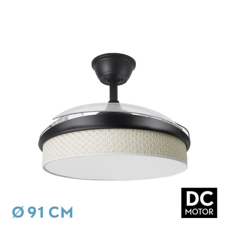 Ventilador Dc Moda 72w Negro/cañizo Blanco 91d 3aspas 7200lm 3000-4000-6000k Remoto+ Memoria+ Temporizador