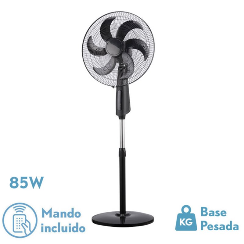 Ventilador De Pie Tolon Negro 3 Vel.85w 6aspas Remoto Temporizador 3modos De Aire Regx50x43 Cm