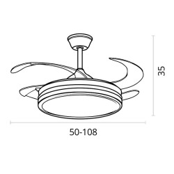 Ventilador DC DUNE niquel, 4 aspas retráctiles, 72W LED 3000|4000|6000K, Al.35xD.108/50cm