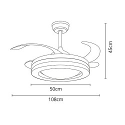 Ventilador DC JUPITER plata, 4 aspas retráctiles, 72W LED 3000|4000|6000K, Al.45xD.108/50cm