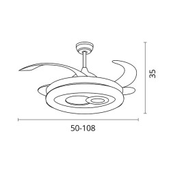 Ventilador DC HERMES blanco, 4 aspas retráctiles, 108W LED 3000|4000|6500K, Al.35xD.108/50cm