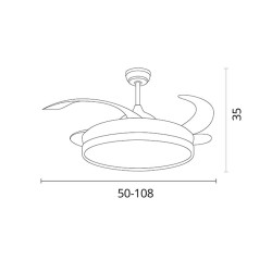 Ventilador DC ANTEA blanco, 4 aspas retráctiles, 80W LED 3000|4000|6000K, Al.35xD.108/50cm