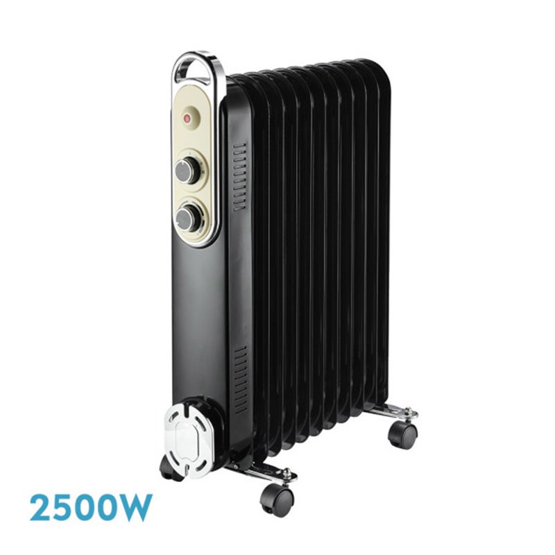 Radiador Aceite Amarantus 2500w 11elementos Negro/beis 3potencias Antivuelco Termostato Reg. Seguridad Asa 62,5x48x24cm